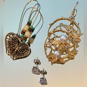 3 Pieces Mixed Earrings- Gold/Silver Tones- ”Fun-ctional”Beads,Moissanite,Pearl